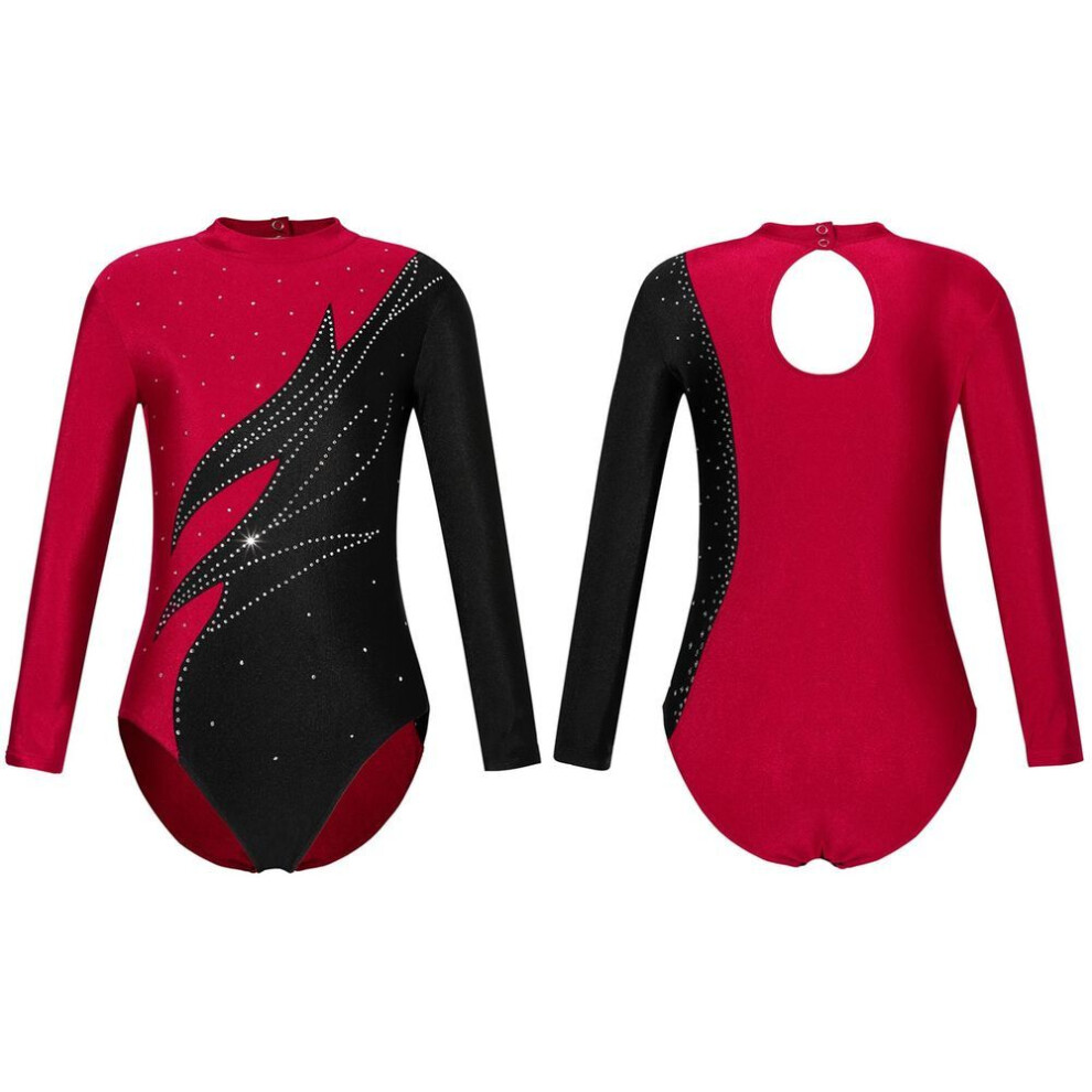 (burgundy, 11-12 Years) Gymnastics Leotards for Girls Long Sleeve Shiny Rhinestones Athletic Dance Leotard Gymnastics Outfit