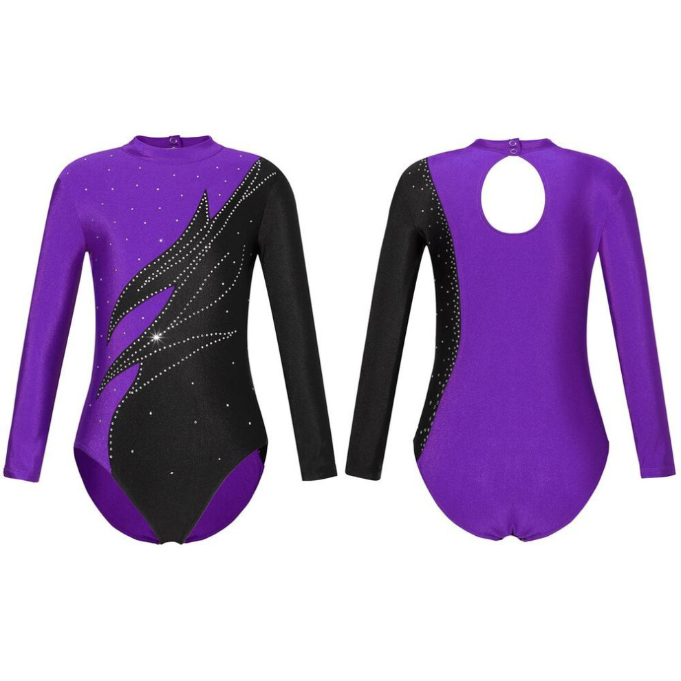 (purple, 15-16 Years) Gymnastics Leotards for Girls Long Sleeve Shiny Rhinestones Athletic Dance Leotard Gymnastics Outfit