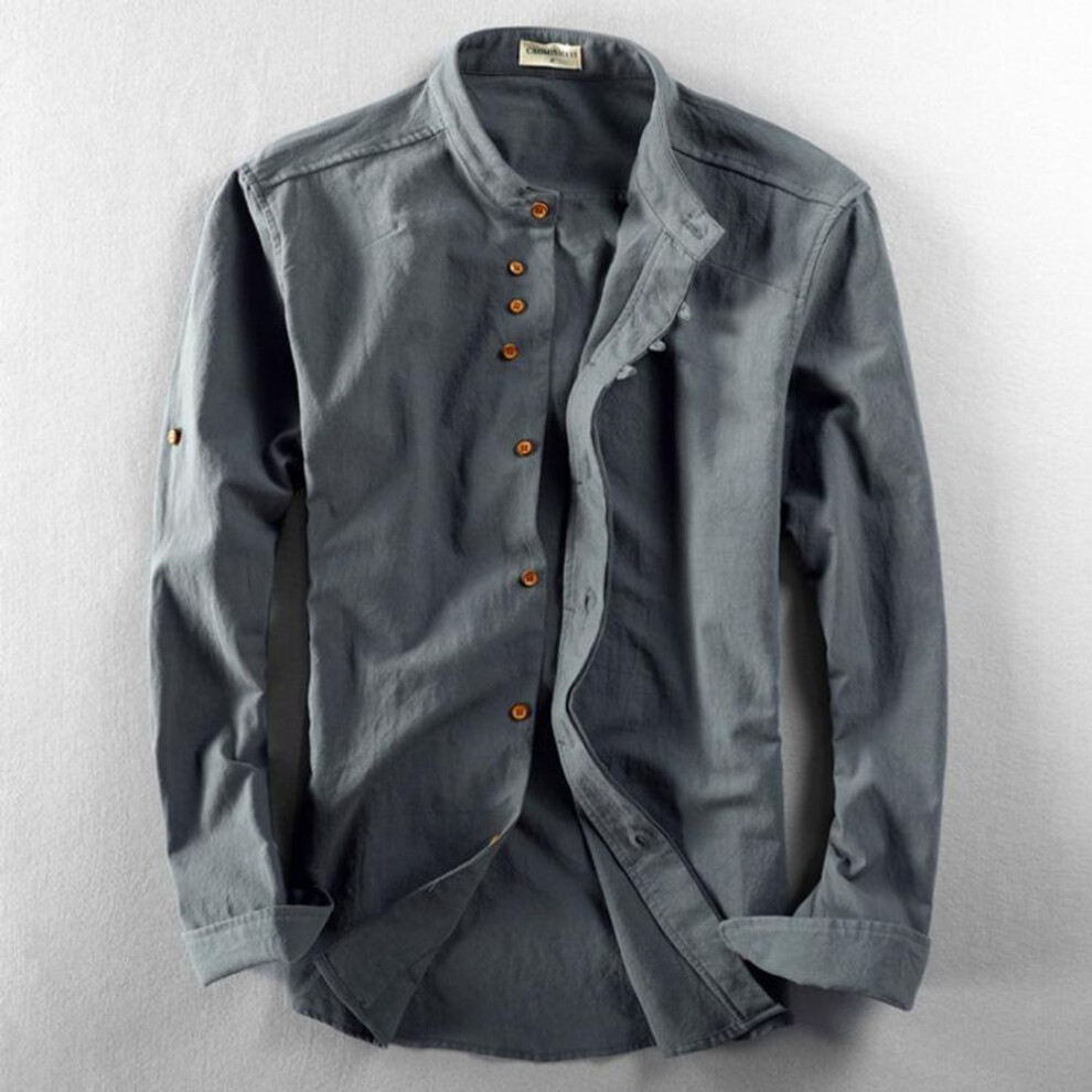 (dark grey, 7XL) Japan Style Mens Linen Cotton Shirt Harajuku Stand Collar Long Sleeve Slim Fit Solid Color Male Casual Breathable Classical Tops
