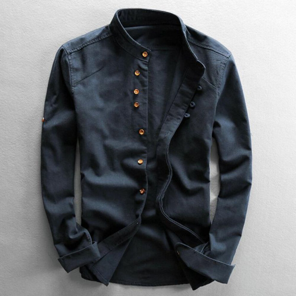 (navy blue, 4XL) Japan Style Mens Linen Cotton Shirt Harajuku Stand Collar Long Sleeve Slim Fit Solid Color Male Casual Breathable Classical Tops