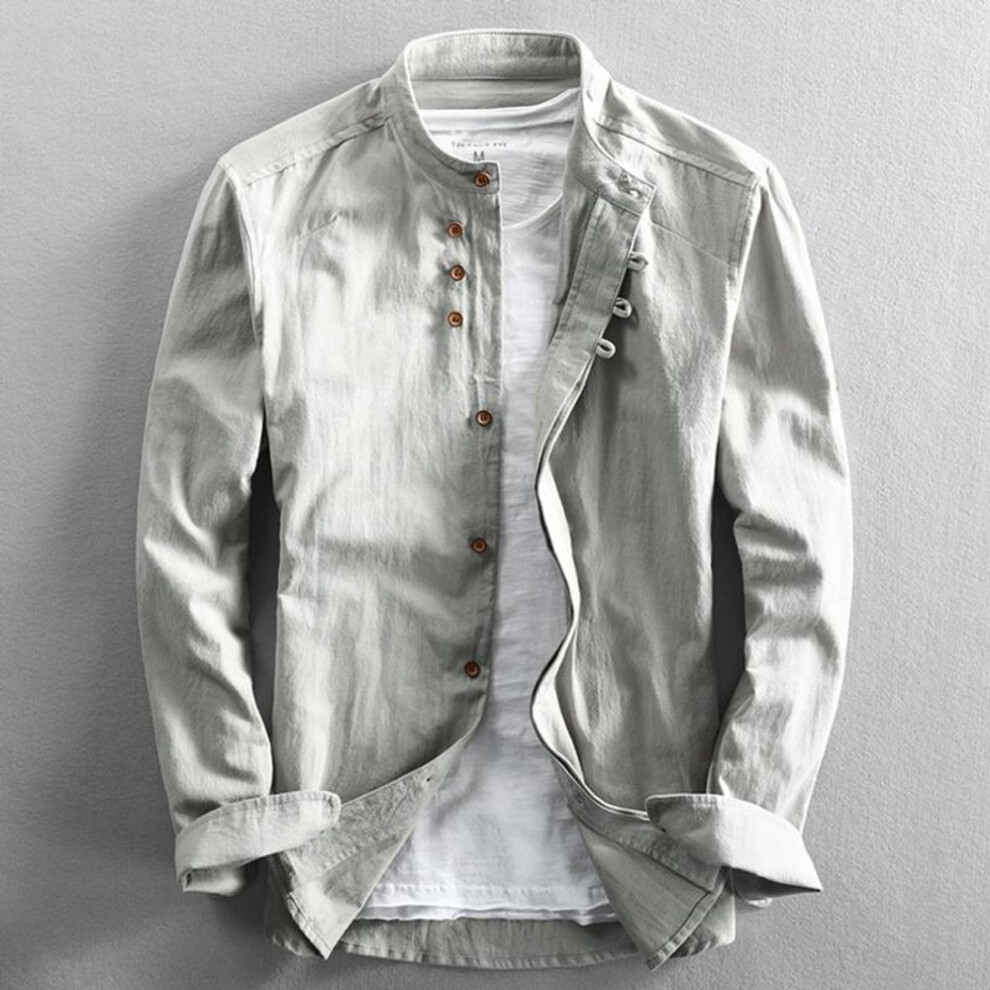 (light grey, XL) Japan Style Mens Linen Cotton Shirt Harajuku Stand Collar Long Sleeve Slim Fit Solid Color Male Casual Breathable Classical Tops