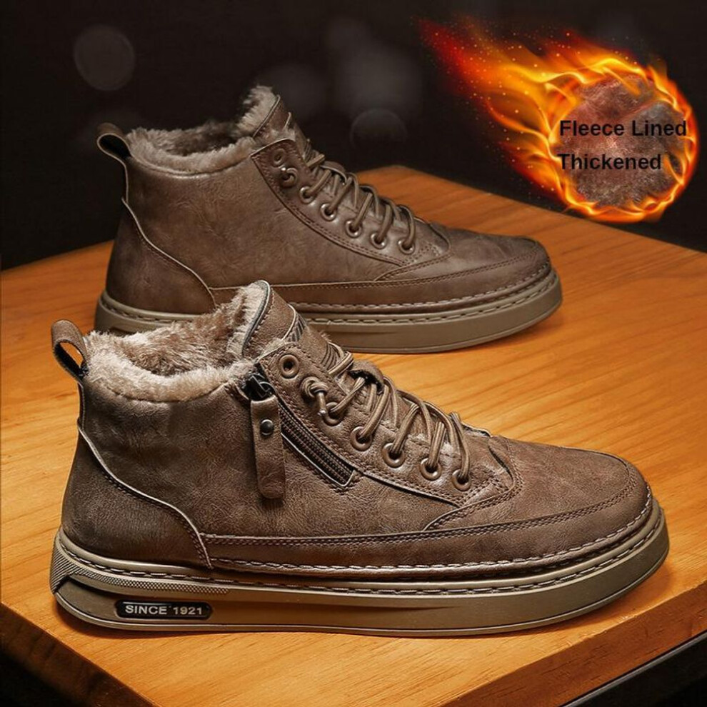 (khaki, 39) Men's Shoes Winter New High-top Military Boots Fleece Lined Padded Warm Keeping Casual Shoes Versatile Work Waterproof Leather Shoes