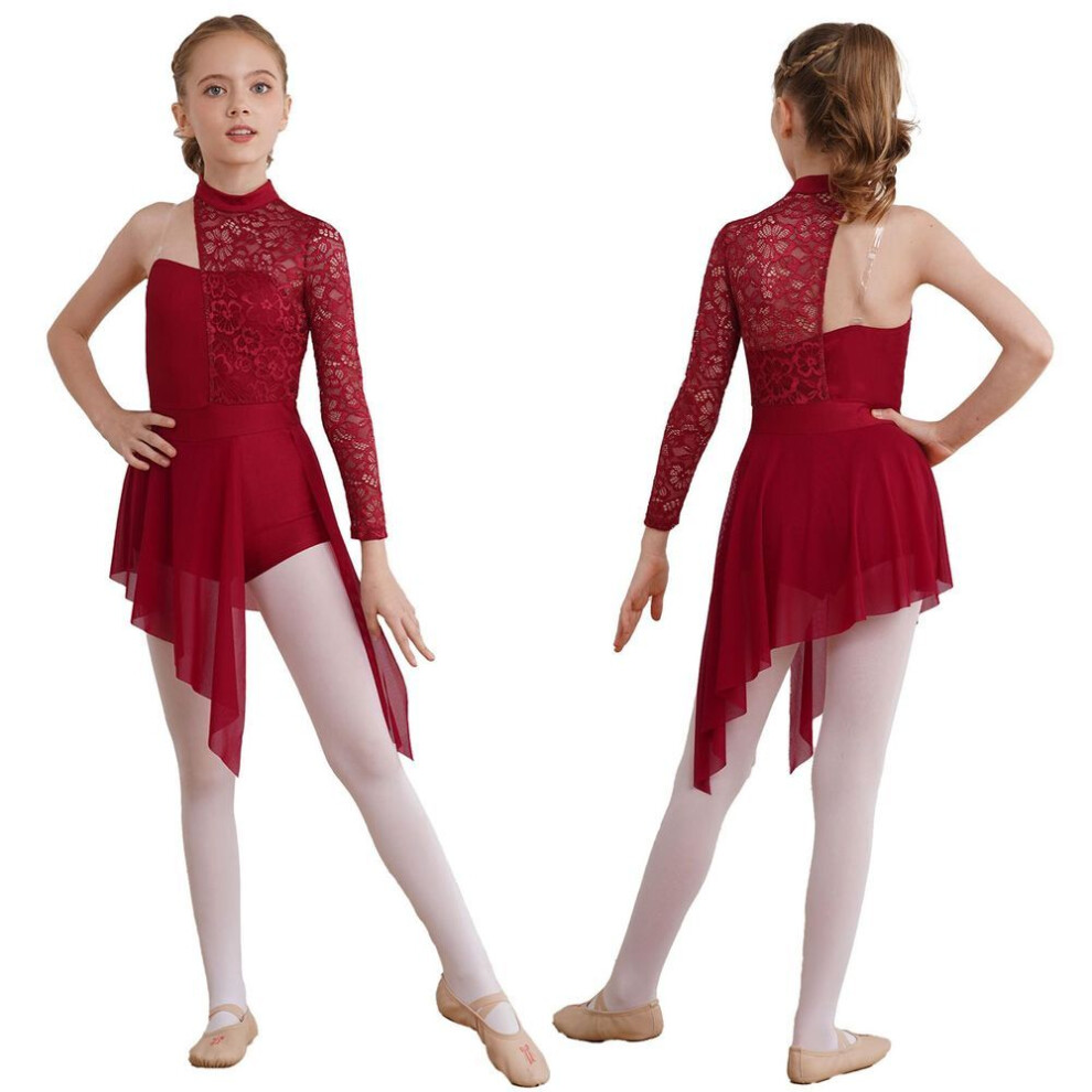 (burgundy, 9-10 Years) Child Girls Lyrical Dance Dress Ballroom Dancing Costumes Gymnastics Leotard With Asymmetrical Skirt For Figure Skating Dance Wear