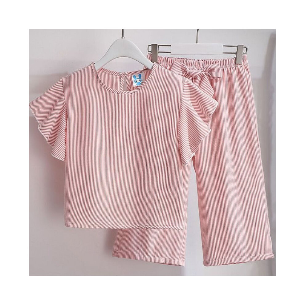 (Pink, 170cm/66.93in) Girls Summer Adorable Clothing Set With Comfy Cotton Striped Pants And Short Top Sleeve-image-OPC-PGJJMRN-NEW