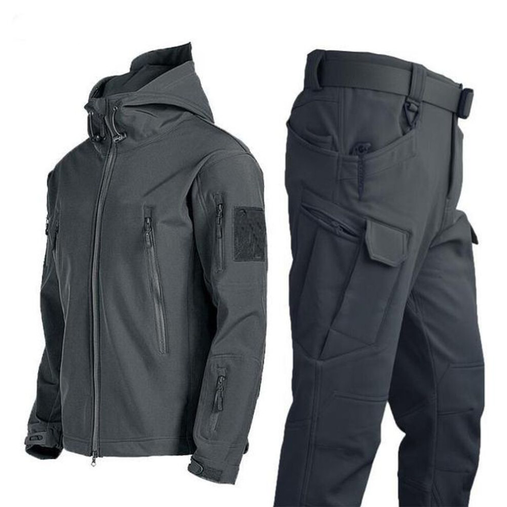 (grey, M) Military Shark Skin Soft Shell Suits Men Tactical Windproof Waterproof Jacket Men Army Combat Pants+ Mens Hooded Camping Coats
