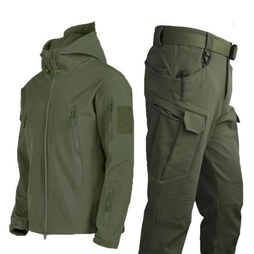 (as the picture, XXL) Military Shark Skin Soft Shell Suits Men Tactical Windproof Waterproof Jacket Men Army Combat Pants+ Mens Hooded Camping Coats