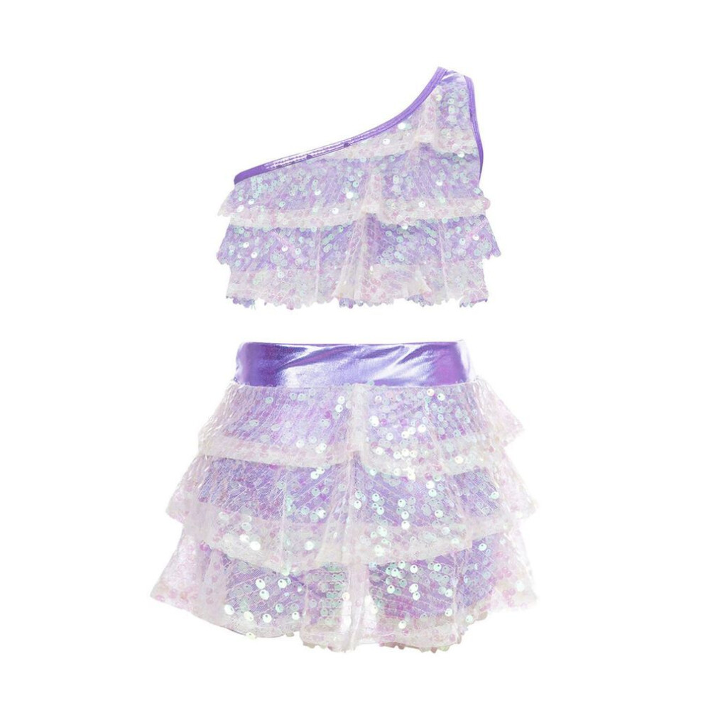 (light purple, 9-10 Years) Kids Girls Sequin Metallic Crop Top With Skirt Set Jazz Latin Dance Outfits 2 Piece Stage Costume Dancewear