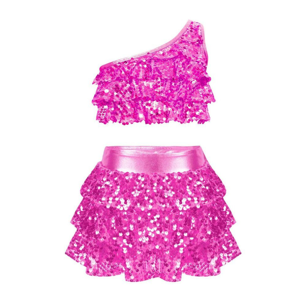 (hot pink, 9-10 Years) Kids Girls Sequin Metallic Crop Top With Skirt Set Jazz Latin Dance Outfits 2 Piece Stage Costume Dancewear