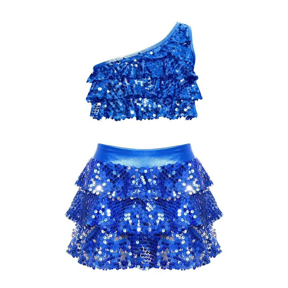 (royal blue, 15-16 Years) Kids Girls Sequin Metallic Crop Top With Skirt Set Jazz Latin Dance Outfits 2 Piece Stage Costume Dancewear