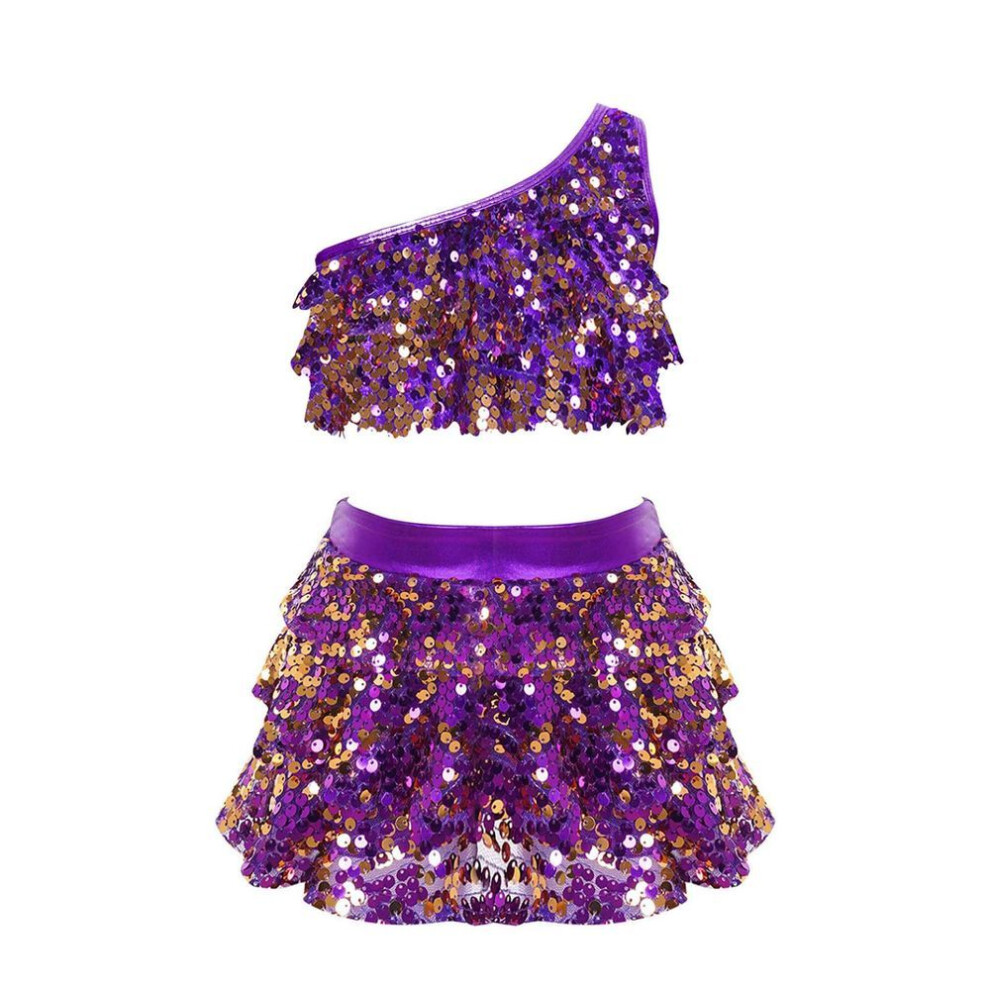 (purple, 13-14 Years) Kids Girls Sequin Metallic Crop Top With Skirt Set Jazz Latin Dance Outfits 2 Piece Stage Costume Dancewear