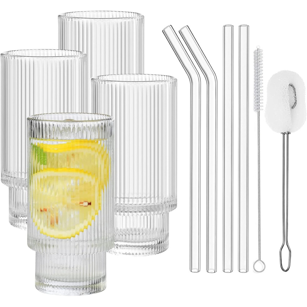 Ribbed Water Drinking Glasses with Glass Straws 4pcs Set