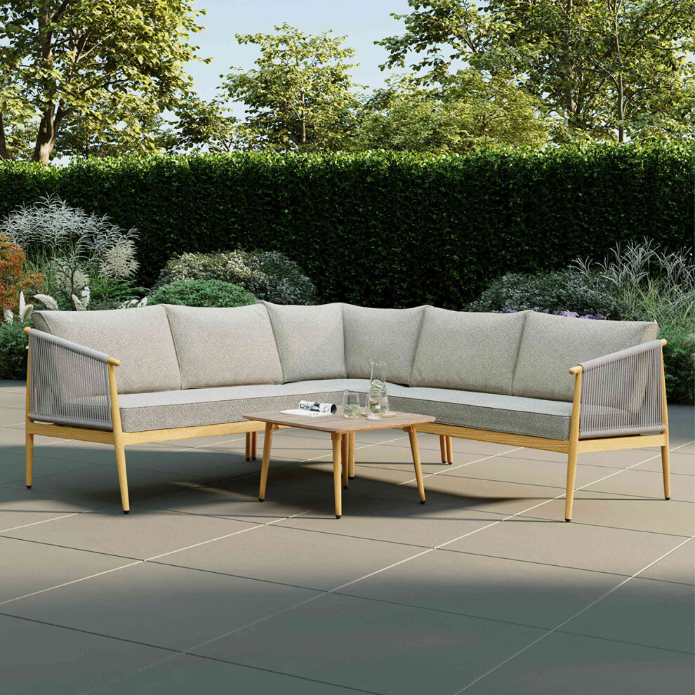 CHARLES BENTLEY 4-5 Seater Corner Sofa Set, Outdoor, Wood Effect, Rope Weave, Weather Resistant, UV Protected, Light Grey, Brown, Wood Effect Frame,