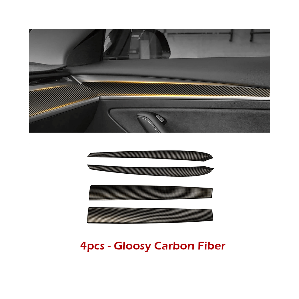 (4Pcs Grossy Cf) For Tesla Model Y (2019-2024) And Model 3 (2017-2023) Dashboard Cover Carbon Fiber Dash Wrap Front Door 9008532271906