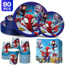 80pcs Spider-man Superhero Disposables Cutlery Sets Includes 20 Dinner Plates 20 Dessert Plates 20 Paper Cup & 20 Paper Napkins
