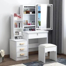 Dressing Table, LED Lights with Adjustable Brightness, Vanity Table with Mirror, 4 Drawers and 6 Shelves, Makeup Table with Mirror and Stool