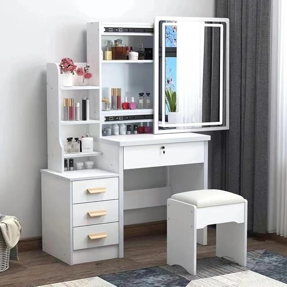 Dressing Table, LED Lights with Adjustable Brightness, Vanity Table with Mirror, 4 Drawers and 6 Shelves, Makeup Table with Mirror and Stool