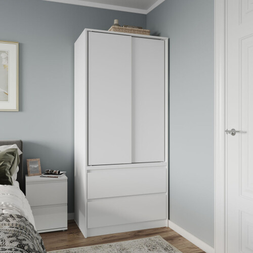 URBN Living (White Carcass with White Doors) 2 Sliding Doors Wardrobe 2 Drawer Clothes Cupboard