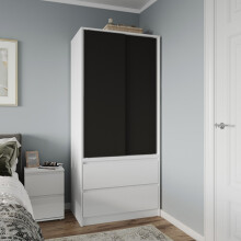 (White Carcass with Black Doors) 2 Sliding Doors Wardrobe 2 Drawer Clothes Cupboard
