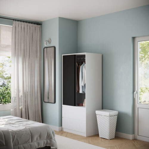 URBN Living (White Carcass with Black Doors) 2 Sliding Doors Wardrobe 2 Drawer Clothes Cupboard 2