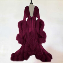 (wine) Women Fashion Tulle Robe Long Lingerie Nightgown Bathrobe Sleepwear Feather Bridal Robe Lace Lingerie Free