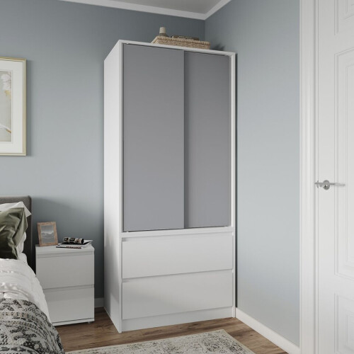 URBN Living (White Carcass with Grey Doors) 2 Sliding Doors Wardrobe 2 Drawer Clothes Cupboard