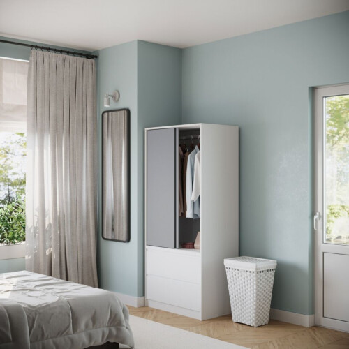 URBN Living (White Carcass with Grey Doors) 2 Sliding Doors Wardrobe 2 Drawer Clothes Cupboard 2