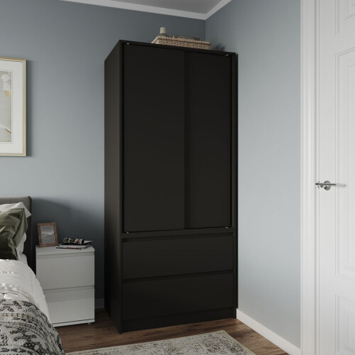 URBN Living (Black Carcass with Black Doors) 2 Sliding Doors Wardrobe 2 Drawer Clothes Cupboard
