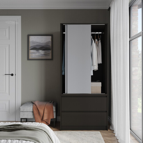 URBN Living (Black Carcass with Grey Doors) 2 Sliding Doors Wardrobe 2 Drawer Clothes Cupboard 2