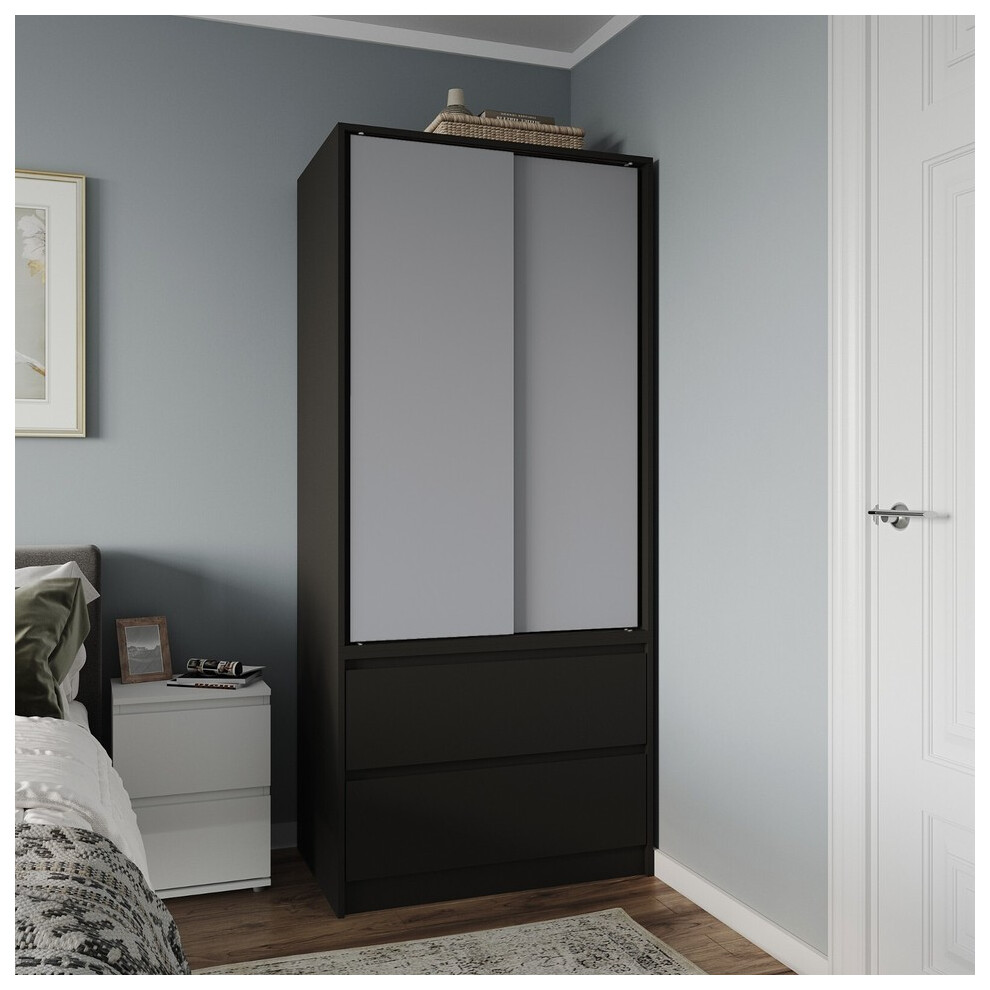 (Black Carcass with Grey Doors) 2 Sliding Doors Wardrobe 2 Drawer Clothes Cupboard