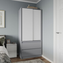 (Grey Carcass with White Doors) 2 Sliding Doors Wardrobe 2 Drawer Clothes Cupboard