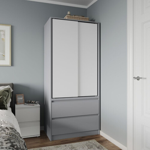 URBN Living (Grey Carcass with White Doors) 2 Sliding Doors Wardrobe 2 Drawer Clothes Cupboard