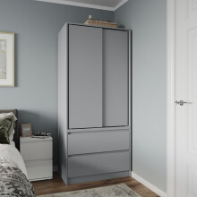 (Grey Carcass with Grey Doors) 2 Sliding Doors Wardrobe 2 Drawer Clothes Cupboard