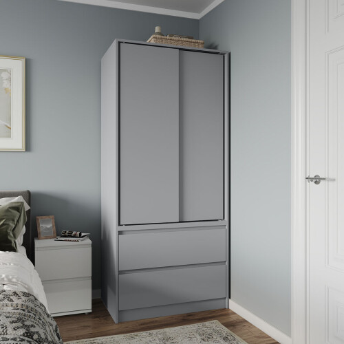 URBN Living (Grey Carcass with Grey Doors) 2 Sliding Doors Wardrobe 2 Drawer Clothes Cupboard