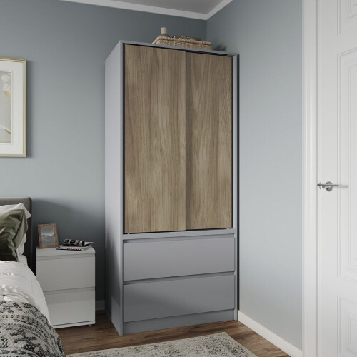 URBN Living (Grey Carcass with Oak Doors) 2 Sliding Doors Wardrobe 2 Drawer Clothes Cupboard