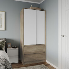 (Oak Carcass with White Doors) 2 Sliding Doors Wardrobe 2 Drawer Clothes Cupboard