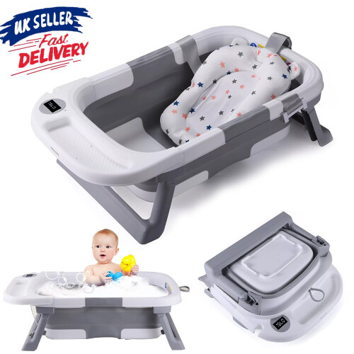 Foldable Baby Bath Tub Ergonomic with Temperature & Cushion Bath Pad + Bath Net