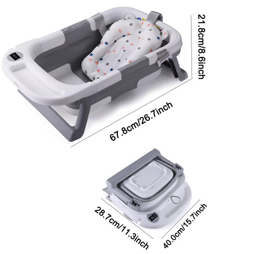 Foldable Baby Bath Tub Ergonomic with Temperature & Cushion Bath Pad + Bath Net 1