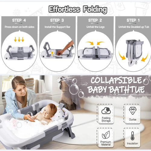 Foldable Baby Bath Tub Ergonomic with Temperature & Cushion Bath Pad + Bath Net 2