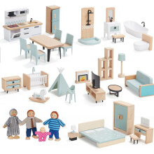 Giant bean Wooden Dollhouse Furniture Set, 36pcs Furnitures with 4 Family Dolls, Dollhouse Accessories Pretend Play Furniture Toys for Boys Girls & To