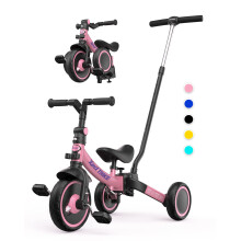 besrey 7-in-1 Toddler Tricycle with 5-Height Parent Steering Push Handle for 1-5 Years Old, Foldable Kids Trike, Bike with Wheel Clutch, Larger Wheels