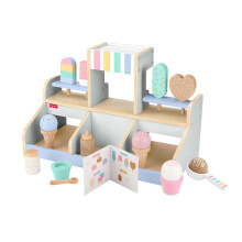 Fisher-Price Wood Pretend Play Toy Ice Cream Shop Set, 18-Piece Wooden Food Playset for Preschool Kids Ages 3+ Years, HXV21