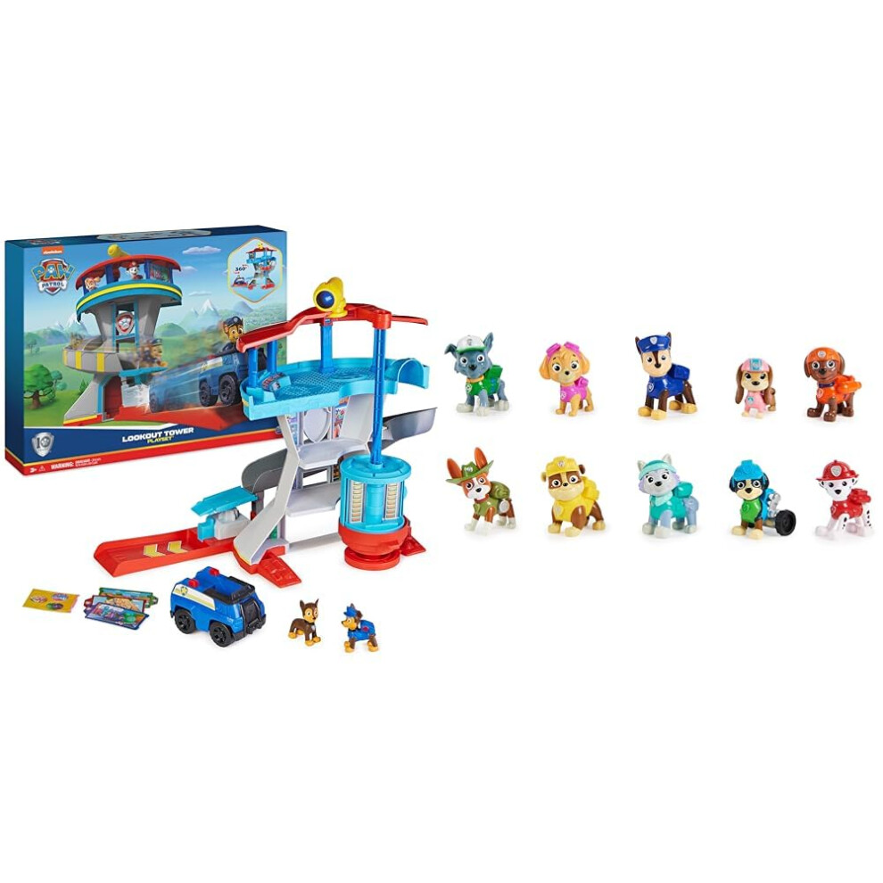 Paw Patrol Lookout Tower Playset With Toy Car Launcher, 2 Chase Action Figures & 10Th Anniversary, All Paws On Deck Toy Figures Gift Pack