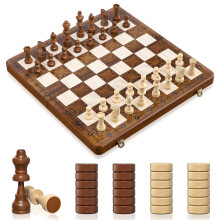 Tumu 2 in 1 Chess Set for Adults Kids - 16 Inch Magnetic Wooden Chess Board with Checkers, 2 Extra Queens, Folding Travel Chess Set with Storage Slots