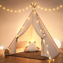 besrey Teepee Tent for Kids Play Tent with Padded Mat & LED Lights, Cotton Playhouse for Boys & Girls, Cozy Tipi Tent, Children's Play Tents in beige