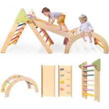 LOL-FUN 7in1 Wooden Climbing Frame for Toddlers, Foldable Baby Climbing Toys Pikler Triangle Set with Ramp and Arch, Montessori Indoor Play Jungle Gym
