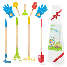 Hortem 8PCS Kids Garden Long Tools Set Include 4PCS Long Rake, Shovel, Hoe, Leaf Rake and 3PCS Small Gardening Tools,a Pair Kids Garden Glove, Gardeni