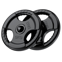 PhysKcal Olympic Weight Plates 2 x 5kg with Rubber Finish 2?? Opening and Tri-Grips, Black Barbell Plates Discs in Pair or Single for Lifting and Stre