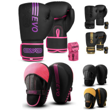 EVO Fitness Matte Black Boxing Gloves and Pads Set Punching Focus Mitts Hook and Jab Hand Target Strike Shield Training Sparring MMA Martial Arts Muay