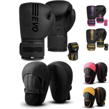 EVO Fitness Matte Black Boxing Gloves and Pads Set Punching Focus Mitts Hook and Jab Hand Target Strike Shield Training Sparring MMA Martial Arts Muay