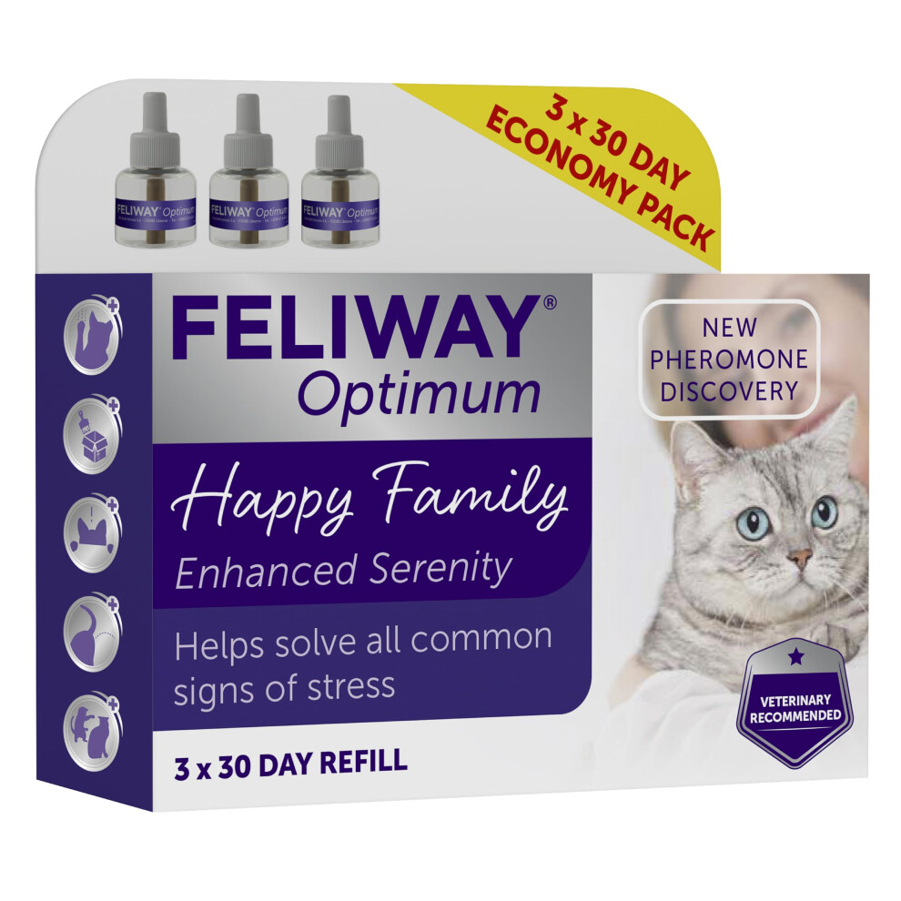 Feliway Optimum 30 Day Refill X 3 Value Pack | 48ml Feliway Optimum Refill 3 Pack For Plug In Anxiety Relief Pheromone Diffuser For Cats | Calm Your C